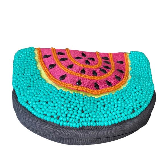 Neiman Marcus Beaded Embroidered Watermelon Slice Zippered Wristlet 7" Length - Picture 2 of 7